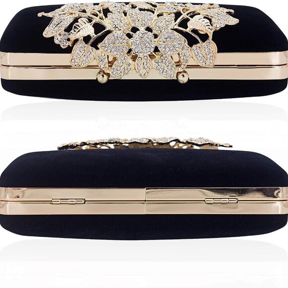 Womens Evening Bag with Flower Closure Rhinestone Crystal Clutch Purse for Weddi - Picture 4 of 8